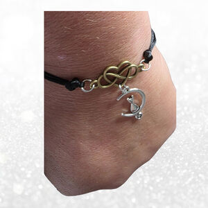 Celestial Cat Moon Bracelet - Infinity Heart Charm - Black Silk Cord Mixed Metal